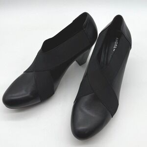 Andrew Geller 8 Black Faux Leather Elastic Strap Block Heel Pumps Women's 8M